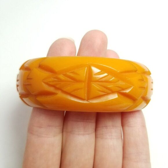 Vintage Carved Butterscotch Yellow Orange Plastic Wide Bangle Bracelet 60s 70s